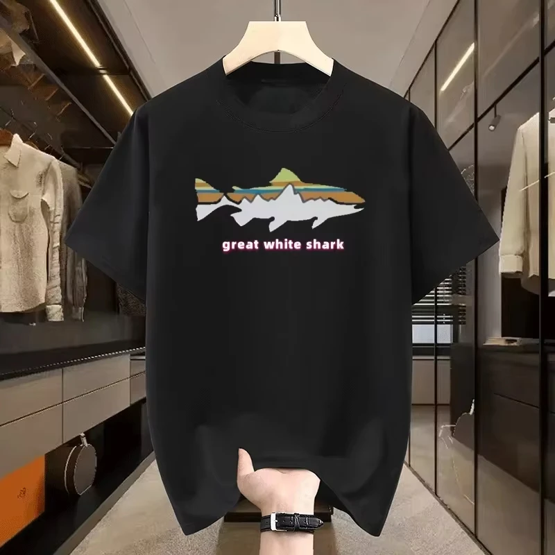 

2025 Summer pure cotton short-sleeved T-shirt classic outdoor men's and women's loose and breathable shark print top