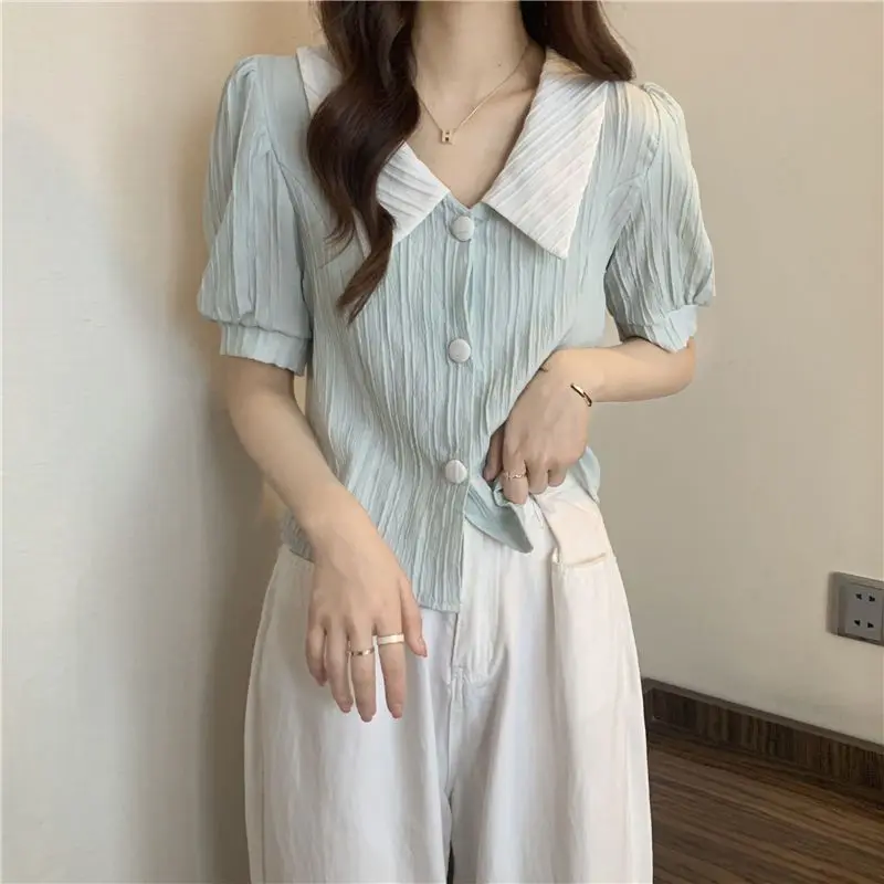 Camisa coreana de manga corta con cuello de muñeca de Color contrastante para mujer, novedad de verano, diseño de camisa elegante, Top dulce de nicho