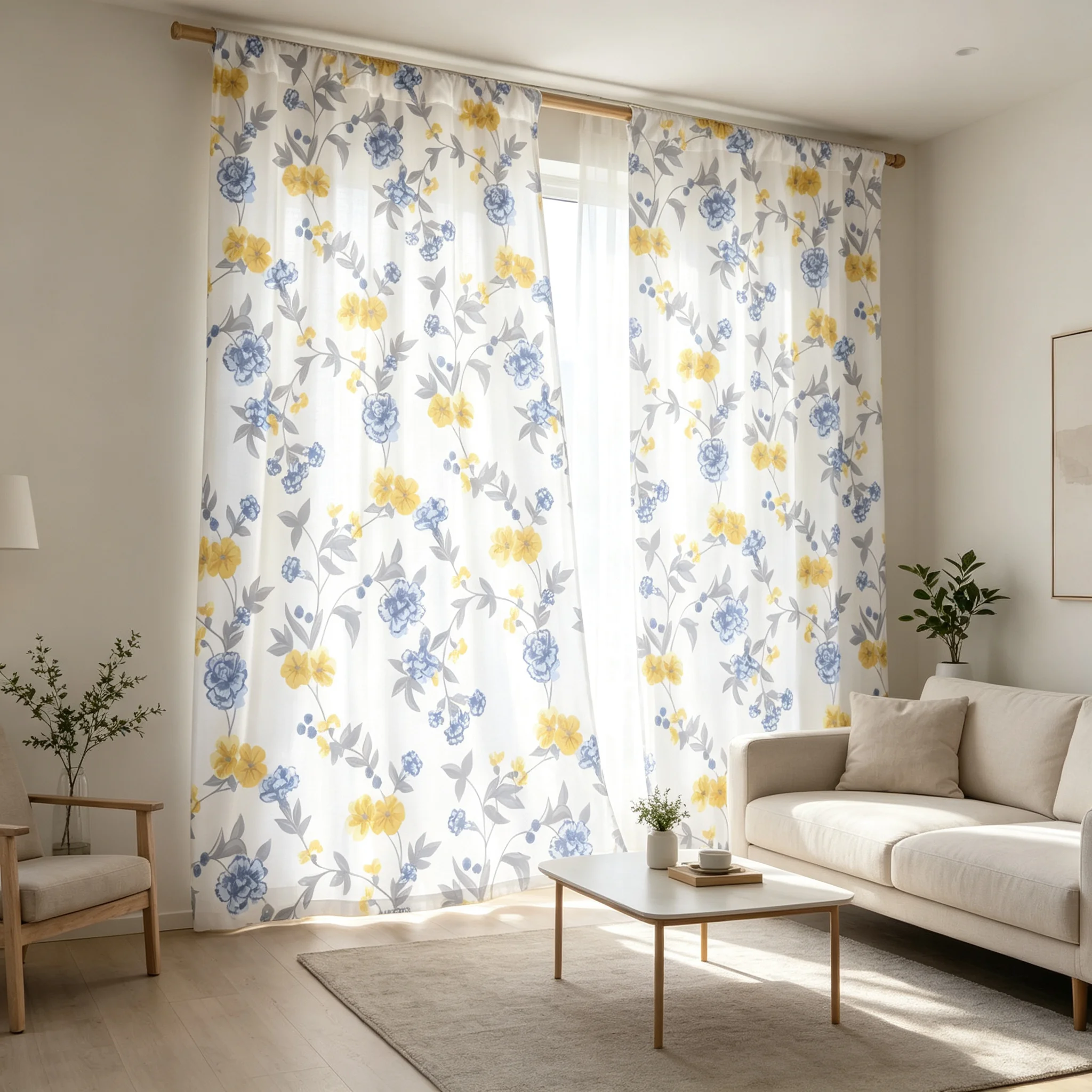 Two-Piece 2D Elegant Blue And Yellow Floral Vine White Bottom Outdoor Curtains Designed for Courtyard UV Protection And Color Fa