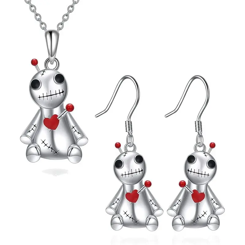 Creative and humorous voodoo doll red heart necklace Gothic pendant earrings necklace set Halloween birthday party gift set