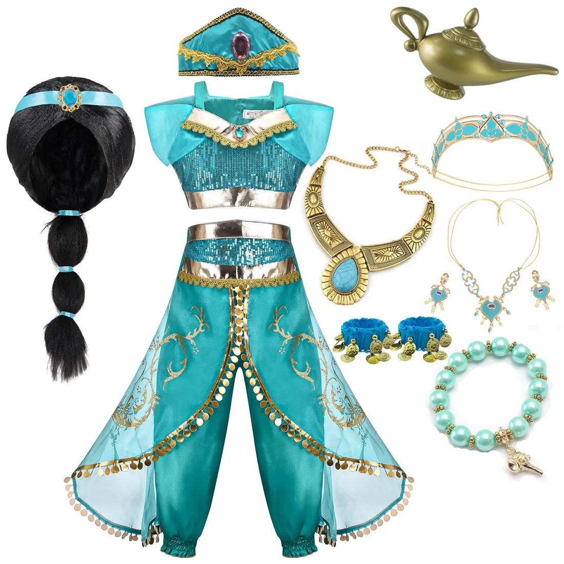 Jasmine clásico lindo princesa verde sin mangas Top + Pantalones conjunto de dos piezas niñas Cosplay ropa bebé niña regalo de fiesta de cumpleaños