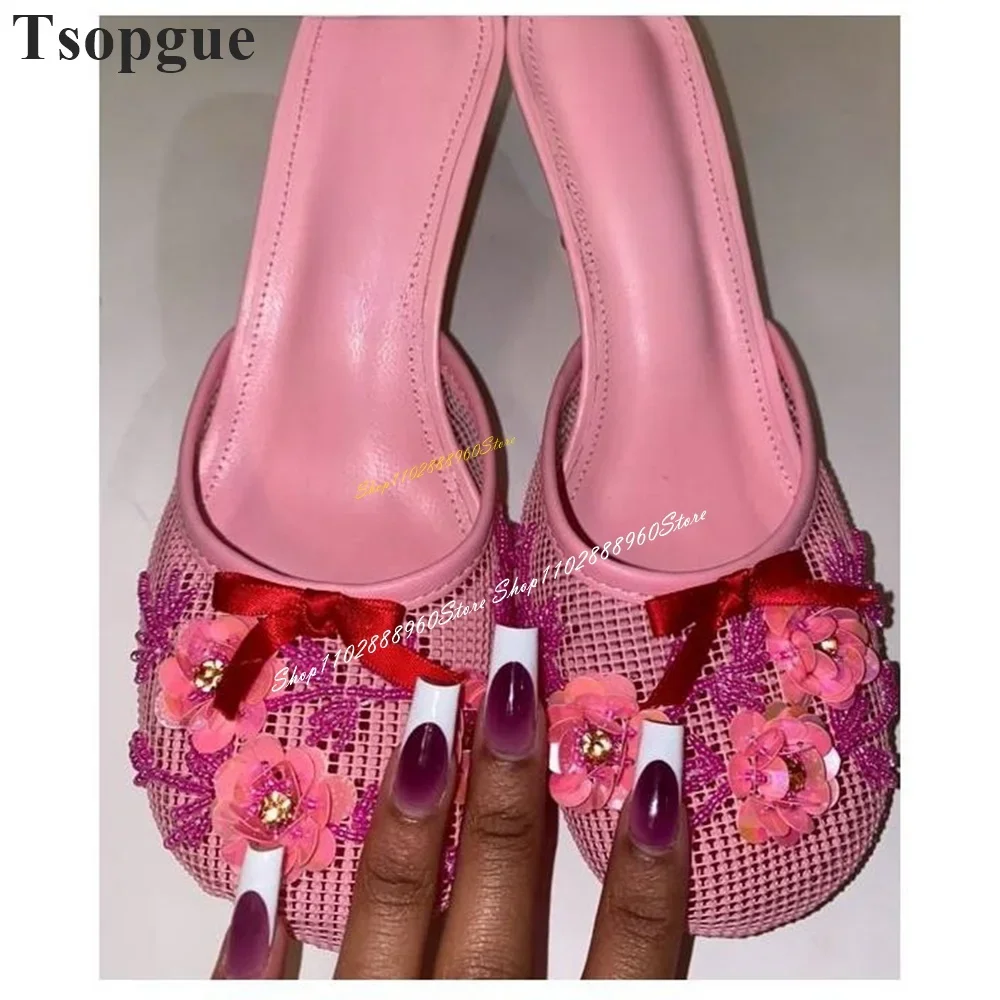 

Pink Net Hollow Flower String Bead Slippers Thin High Heel Shoes For Women Slip On Round Toe 2024 Fashion Zapatos Para Mujere