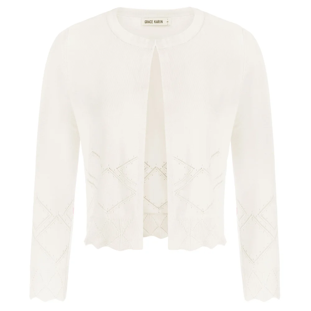 Belle Poque Women Cropped Cardigan Sweater Vintage Hollow Out Casual Tops Ladies 3/4 Sleeve Scalloped Trim Knitwear A30