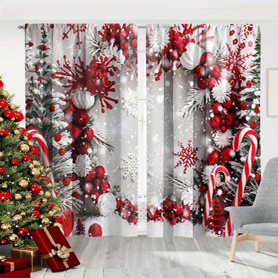 2PCS Red White Candy Cane Print Curtains, Christmas Snowflake Pine Branch Bauble Window Drapes for Xmas Holiday Bedroom Decor