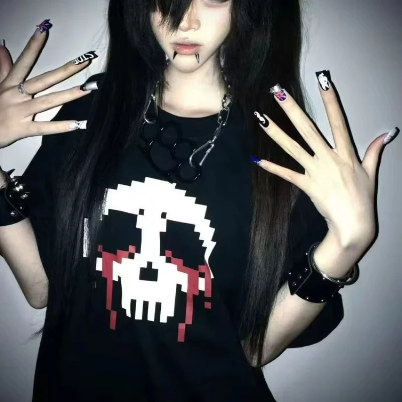 Women Gothic Skull Print Loose Tee Y2K Punk EMO Aesthetic American Harajuku Style Casual All-match Streetwear Short Sleeve Tops