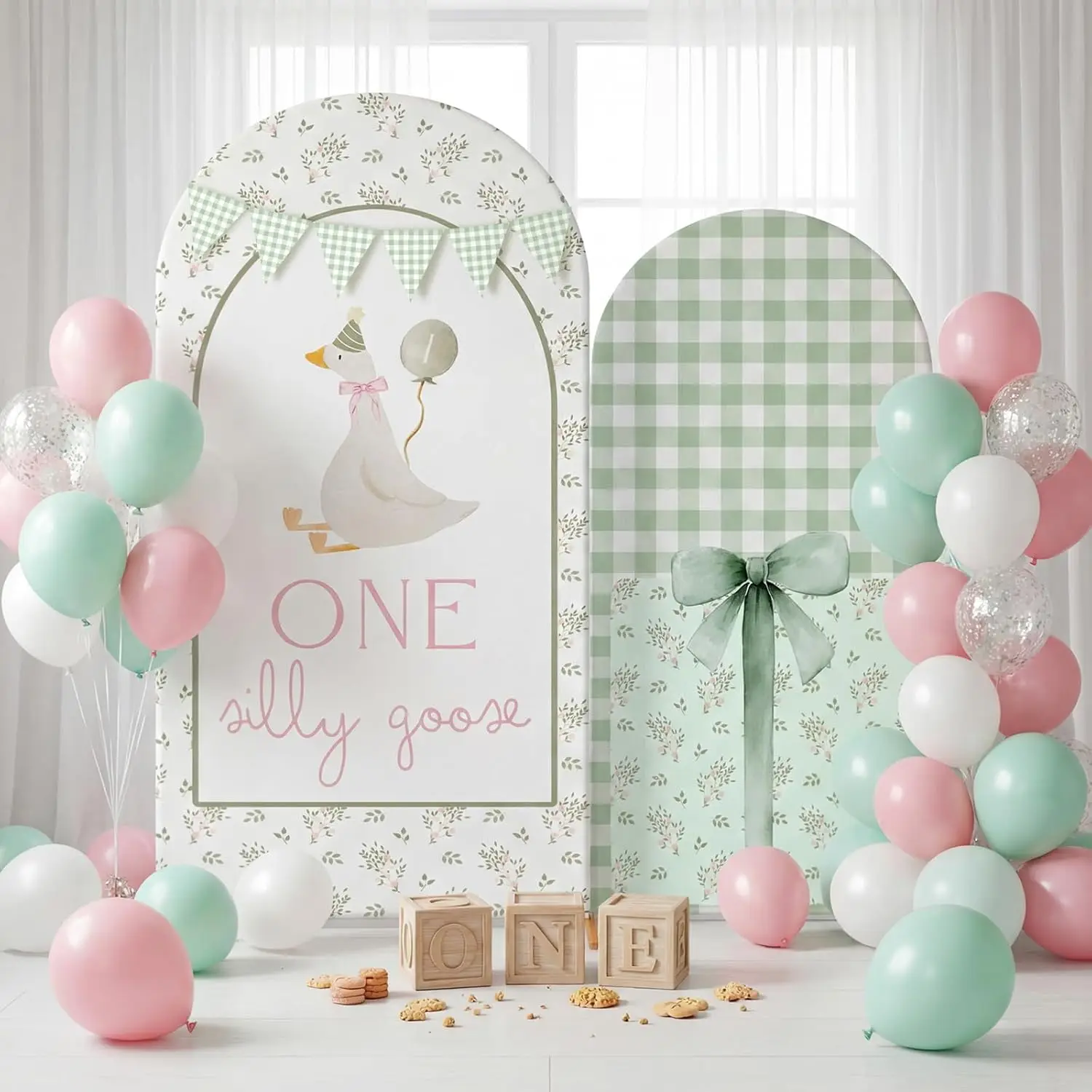 One Silly Goose Themed One Birthday Party Background Green Bow Gingham Newborn Baby Shower Backdrop Chiara Arch Cover Props