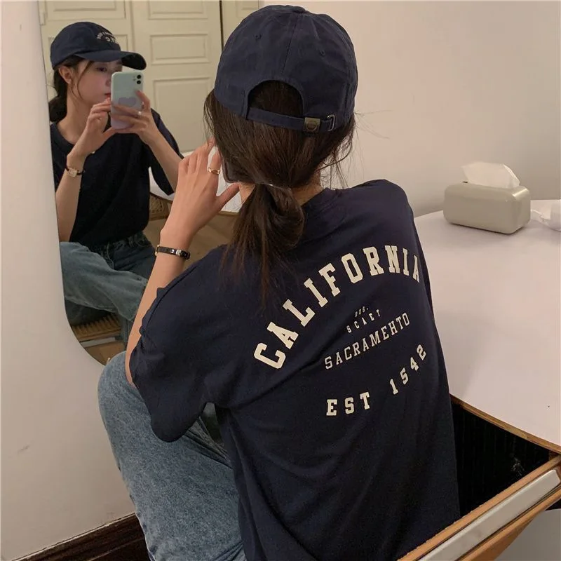 

Футболка женская оверсайз с коротким рукавом, стильный топ с графическим принтом и надписью, винтажный Повседневный Свободный Топ с рукавом до локтя, на лето