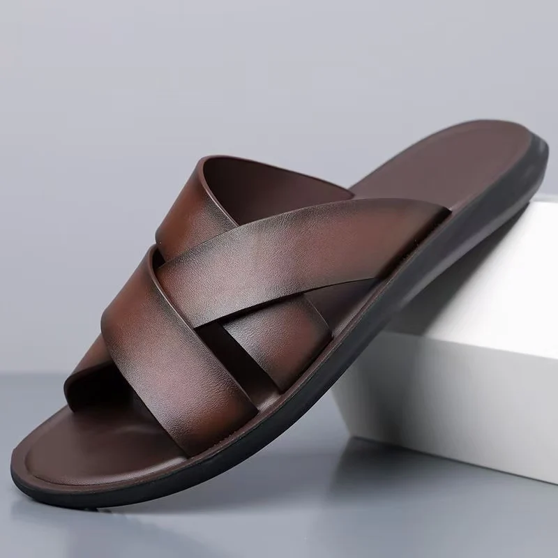Men Real Leather Big Size One Word Slippers Summer New Soft sole Lightweight Fashionable High Quality Outdoor Beach Slippers