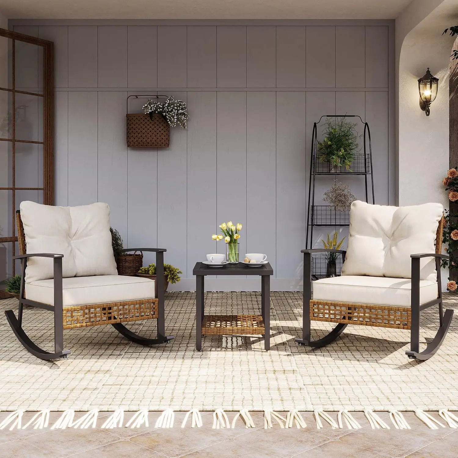 

3-Piece Rocking Bistro Set, Outdoor Patio Furniture with Thick Cushions and 2-Tier Coffee Table, Oversize Rattan Conversation