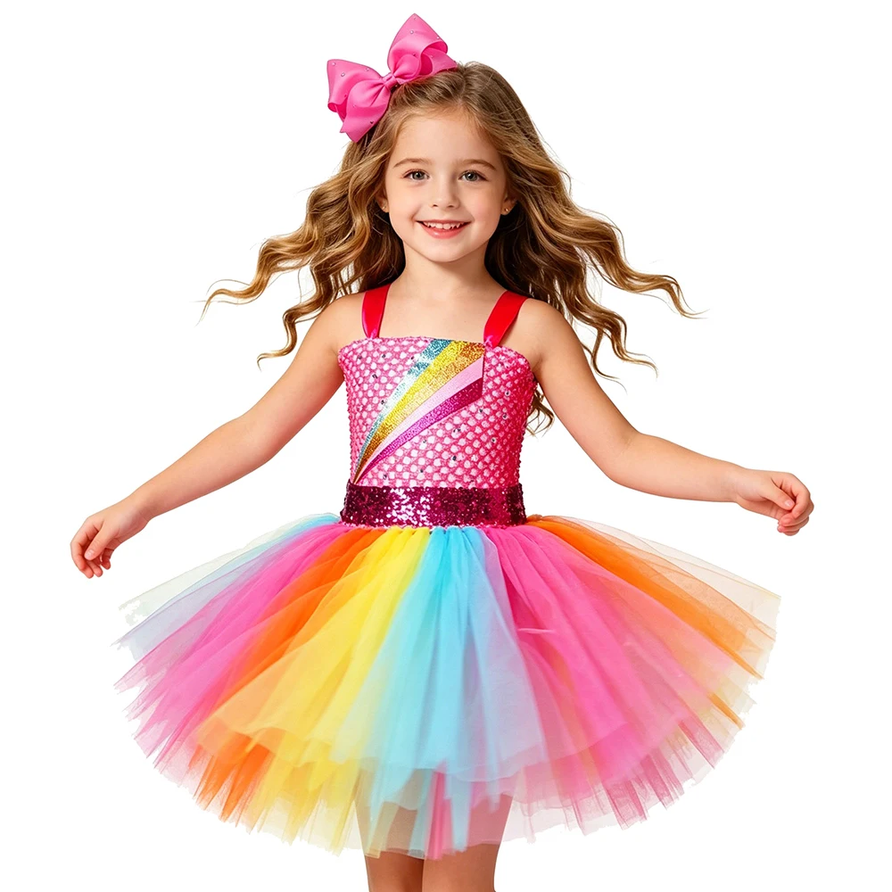 女の子用ホットピンクジョジョコスチューム-レインボープリンセスチュチュドレス-リボンヘアクリップ付き-キッズ誕生日カーニバルロールプレイ-バレエチュチュセット