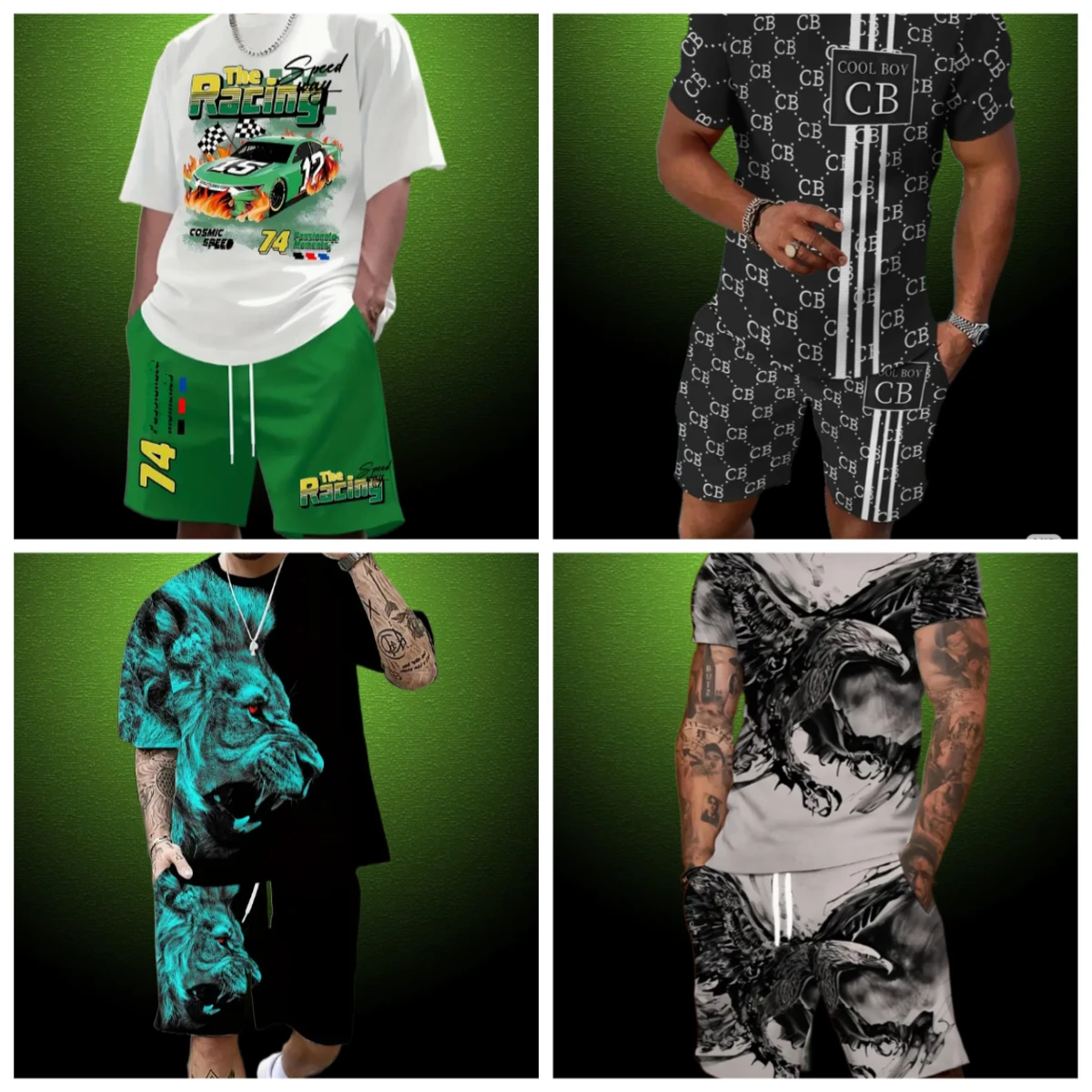 

2025 Summer Men's Clothing Letter Print Short Sleeve Top Men's Elastic Waist Shorts 2-piece Set Plus Size T Shirts Shorts Set