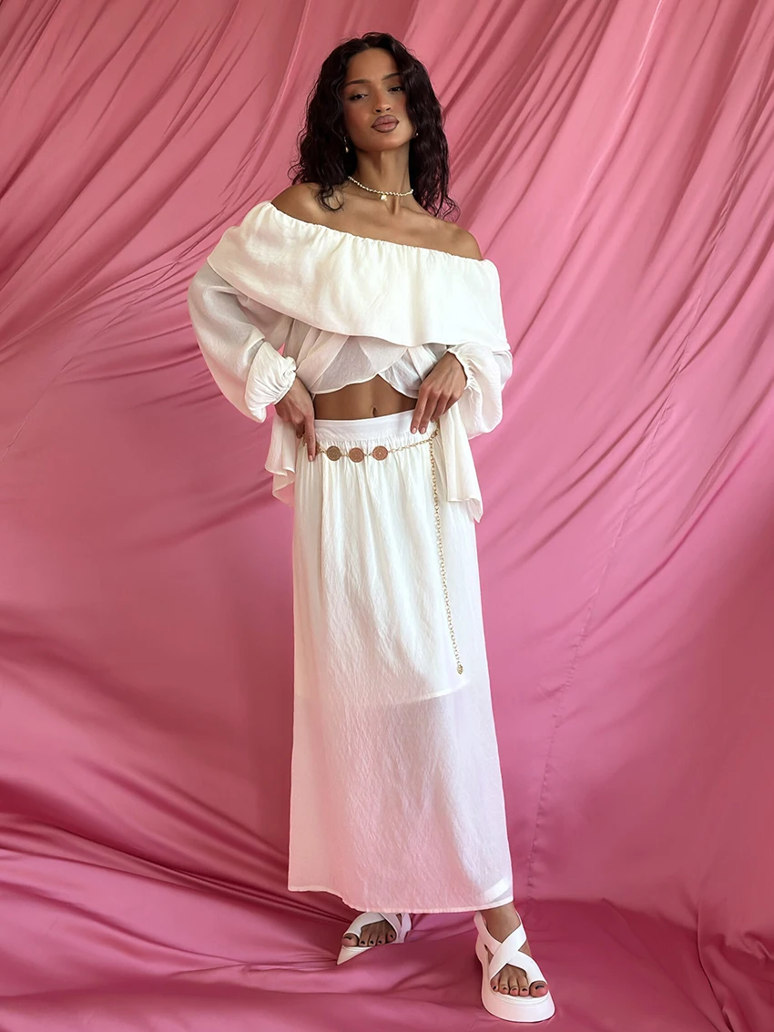 Marthaqiqi White Loose Ladies Nightgown Suit Long Sleeve Pajama Sexy Slash Neck Nightwear Long Skirts Casual Femme Sleepwear Set
