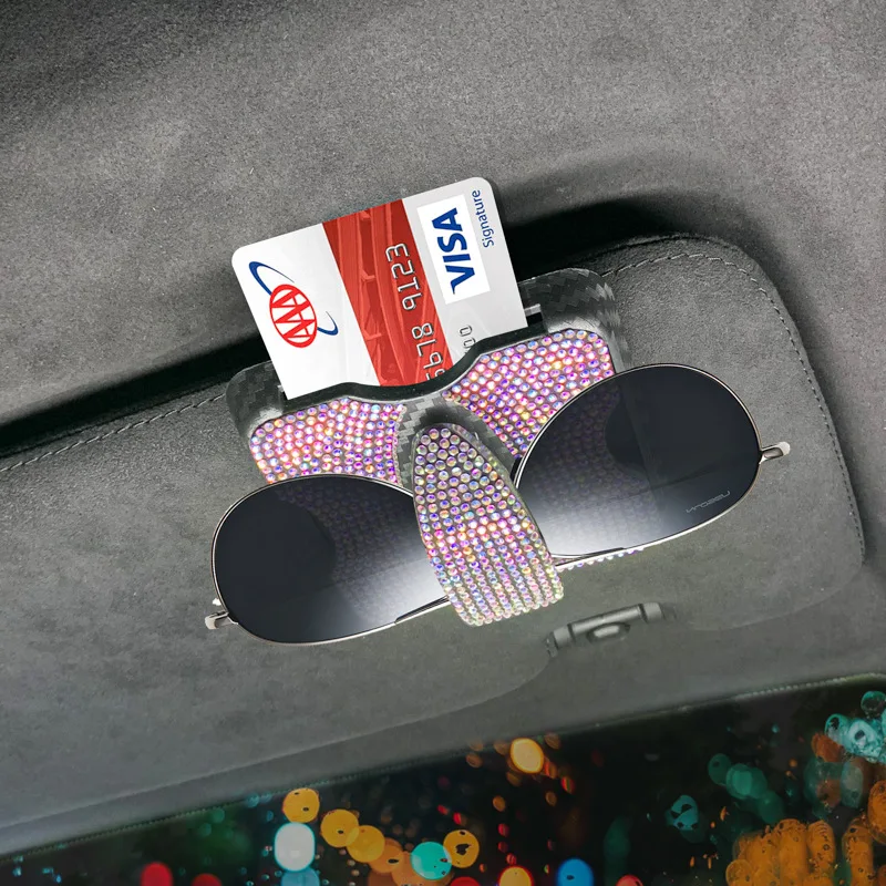 Diamond-studded Car Sun Visor Organizer Multi-Pocket Glasses Clip Holder Auto Sunshade Card IC Sunglasses Storage Bag Pen Holder