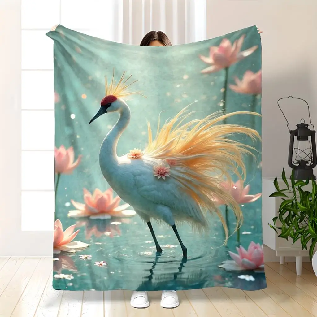 Elegant Crane and Lotus Flower Watercolor Print Throw Blanket for Aesthetic Boho Living Room Decor Art Gift