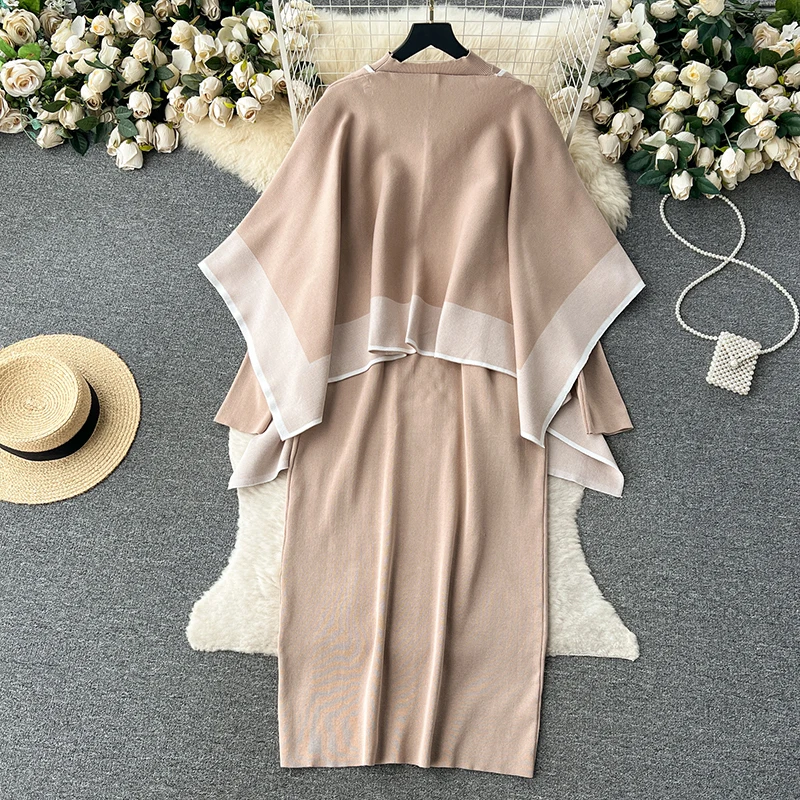 Women Fall Casual Set Contrast Color Shawl Coat+Solid Long Sleeved Mock Neck Knit Mid-Length Dress Elegant Loose Winter Outfit