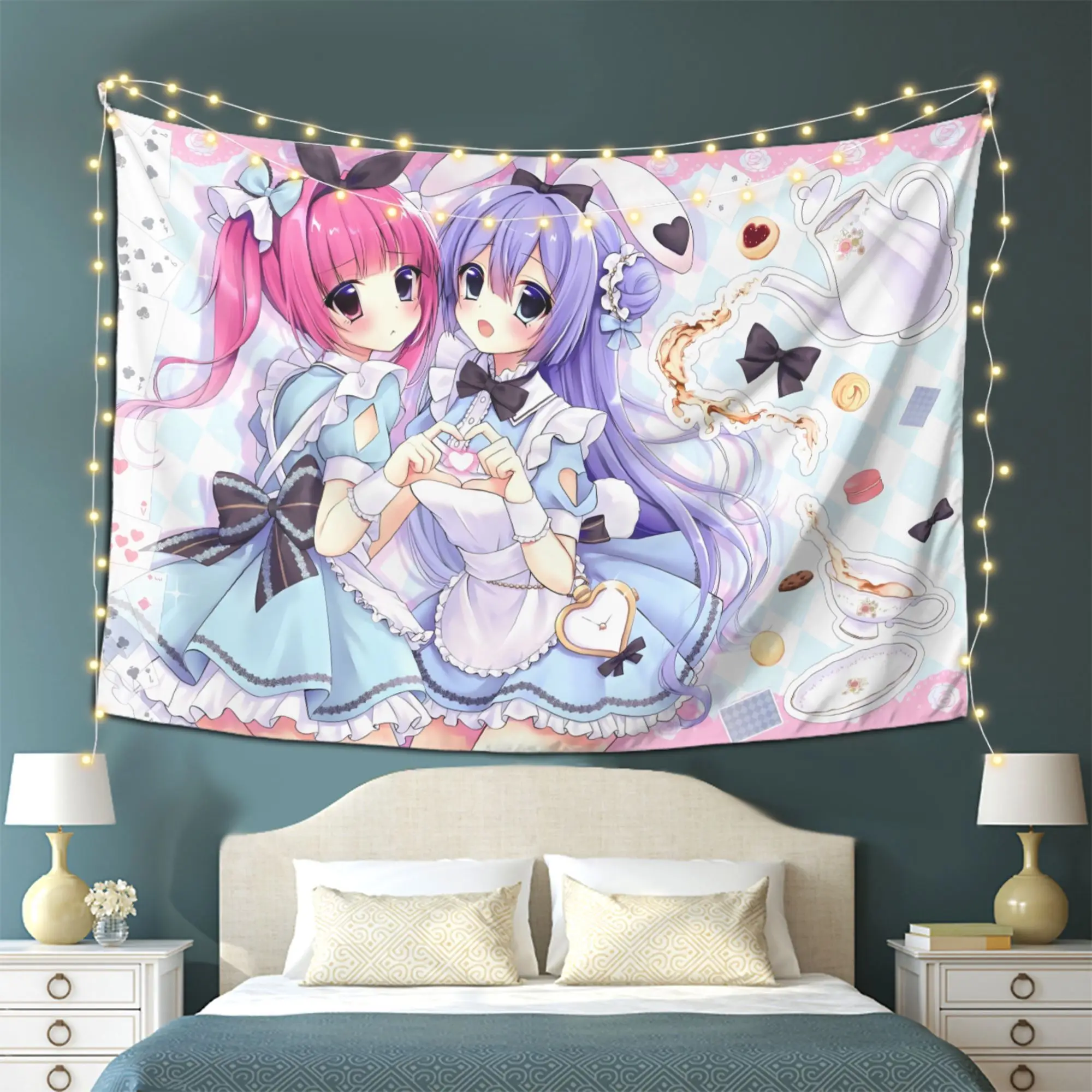 1pc Bunny Ear Maid Girl Wall Hanging, Pink Blue Checkered Manga Art Tapestry, Home Wall Decoration Birthday Gift Multi‑Sizes