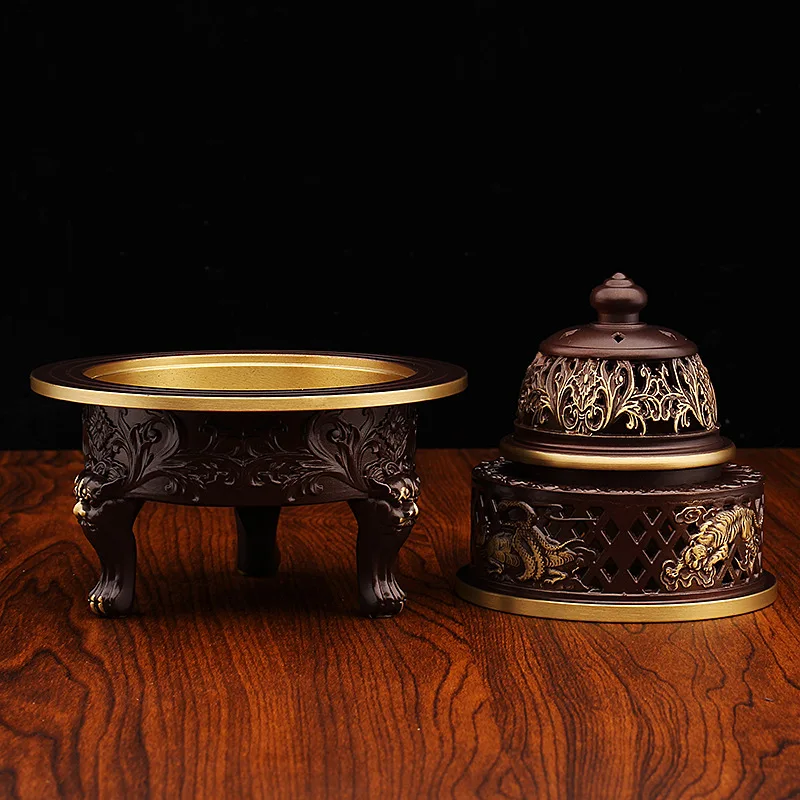 All Brass Four Divine Beasts Relief Eight Treasures Three-legged Incense Burner Entrance Decoration Copper Metal