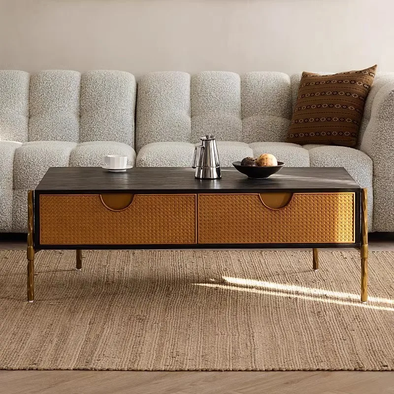 LTT wabi silent style modern simple coffee table medium ancient style retro old rattan weaving storage drawer tea table