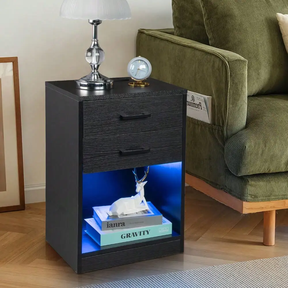 Nightstand with Charging Station and LED Lights End Bedside Table with 2 Drawers