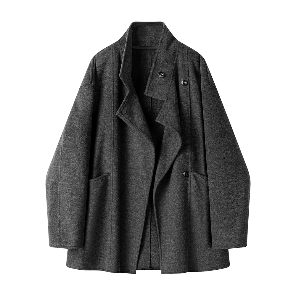 

Женское шерстяное пальто с двойным лицом и воротником-стойкой, свободная шерстяная куртка средней длины, повседневная зимняя верхняя одежда