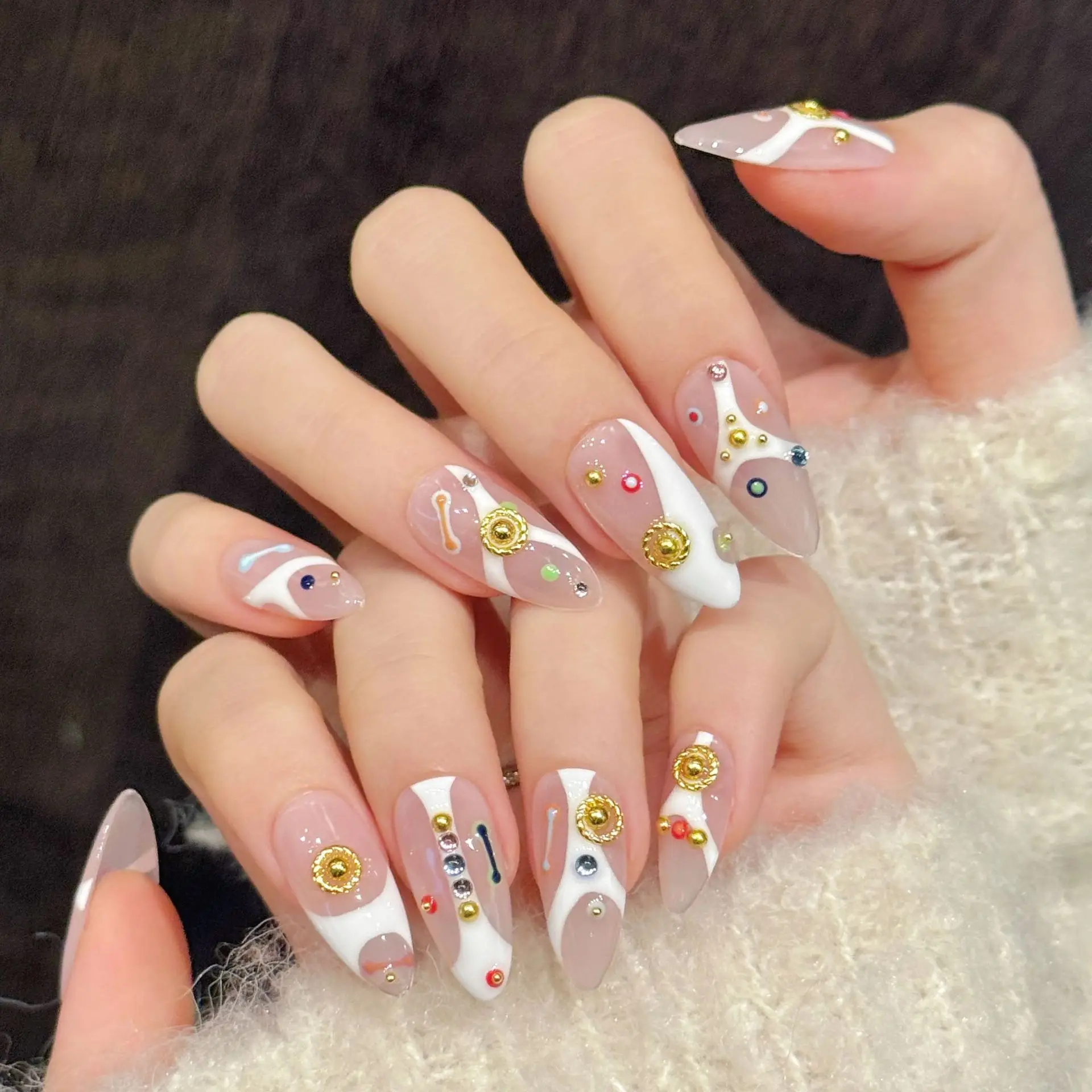 

10pcs Handmade Press on Nails Icy Pink Diamond-Encrusted Simple Lines False Nail for Women&Girl Removable Wearable Fake Nail