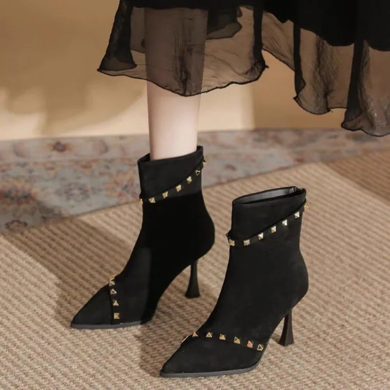 Women Boots Temperament Slim Fit Elastic Boots Pointed High Heels Short Boot Suede Rivet High-heeled Ankle Boots Botas Feminina