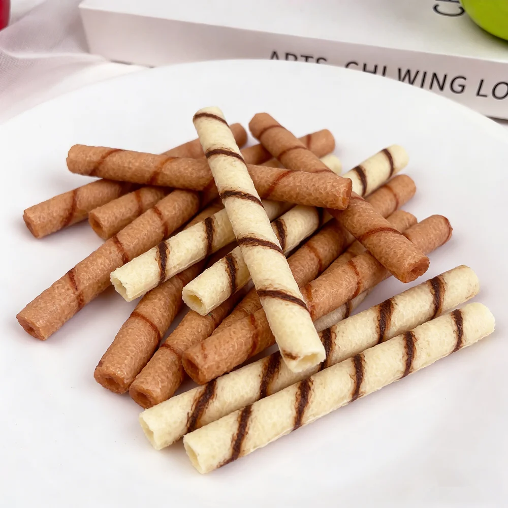 3Pcs Handmade Fake Wafer Rolls Chocolate Swirl Crispy Stick Biscuits Gourmet Artisan Sweet Snacks for Afternoon Tea Dessert Gift