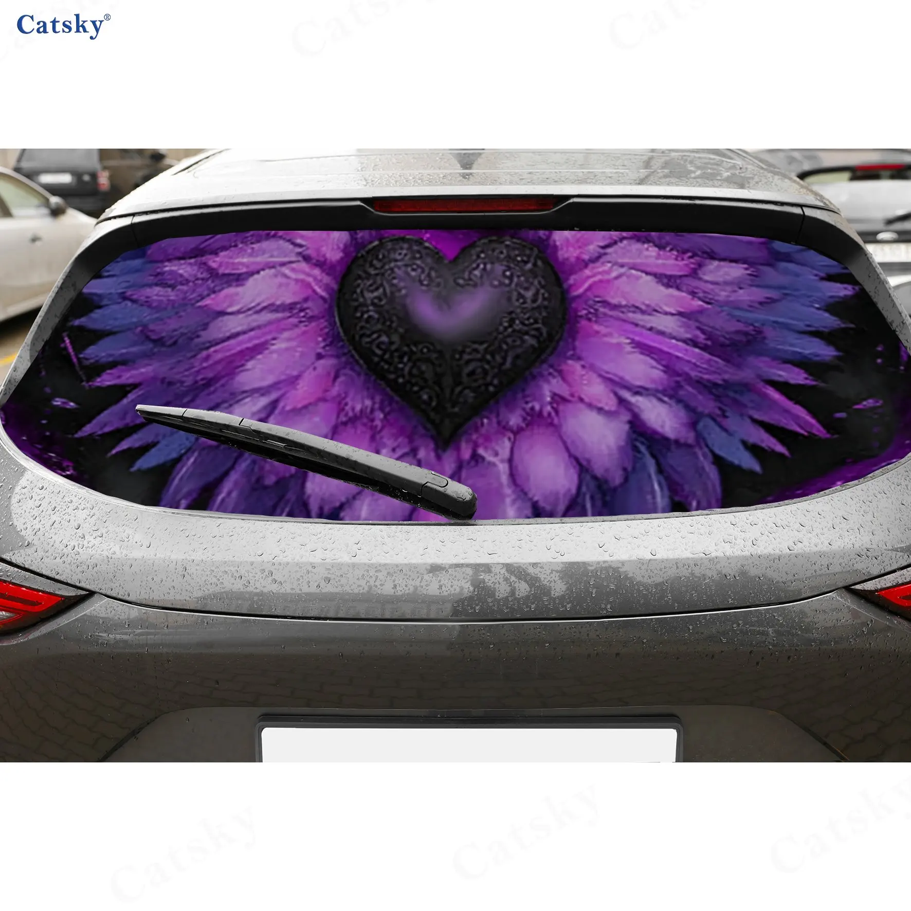 

Dreamy Purple Feather Heart Colorful Car Rear Window Sticker, Waterproof Self-adhesive Window Film, Vehicle Decoration, DIY Graf