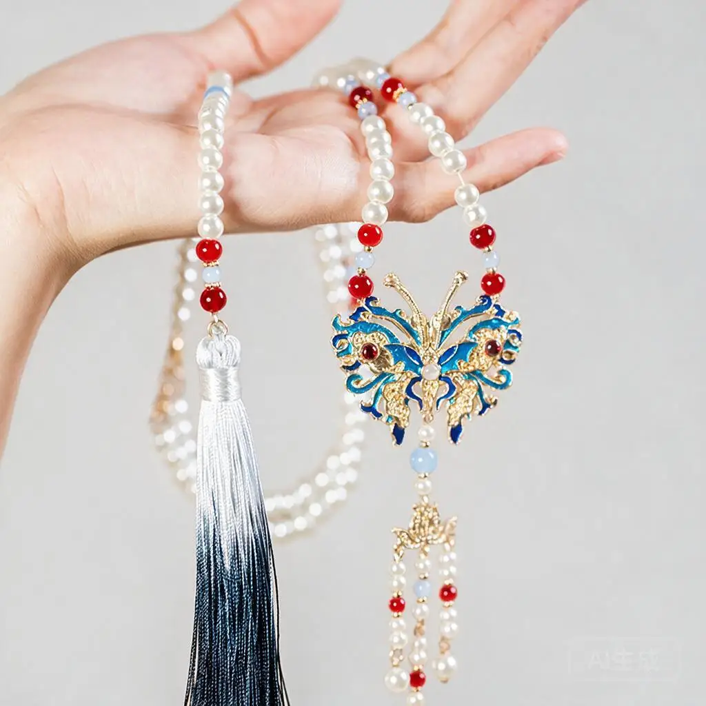 Vintage Chinese Enamel Butterfly Pearl Beaded Long Tassel Necklace Hanfu Horse Face Skirt Accessory Women Back Pendant Jewelry