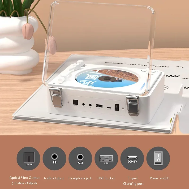 CD Player Bluetooth 5.0 RGB Lighting EffectsHIFI CD Audio PlayerBuilt-in SpeakerUSB Lossless Readout Optical Output Rechargeable