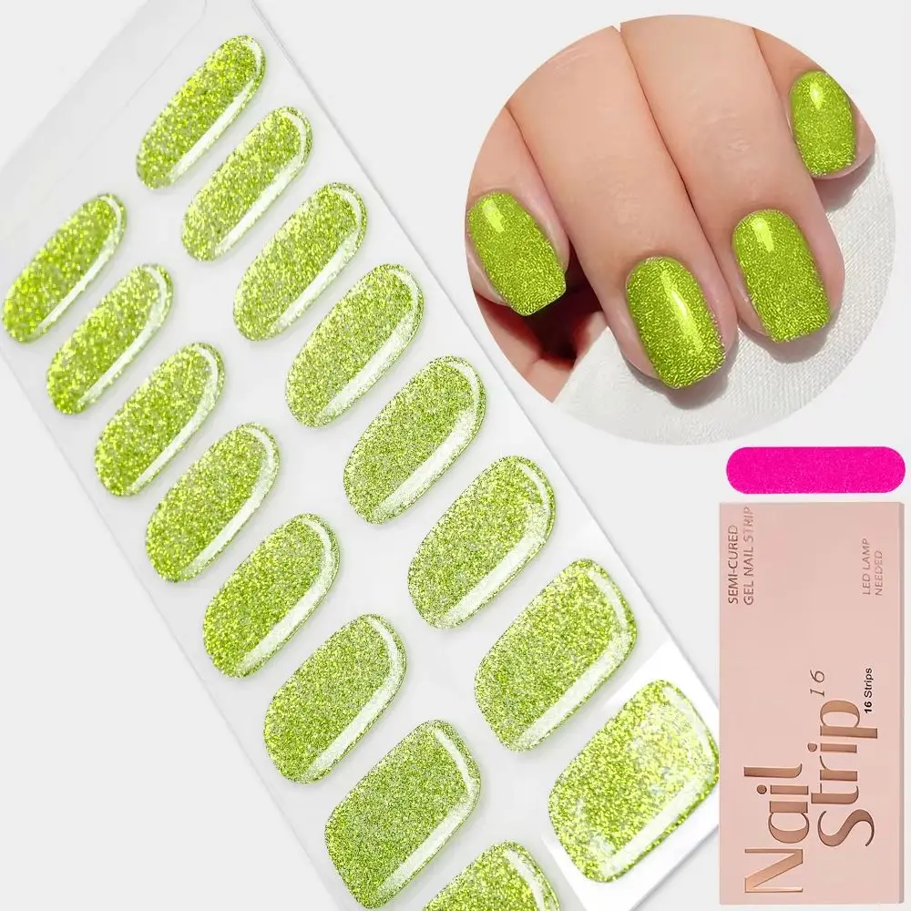 16Tips Green Pure Fine Glitter Semi-Cured Gel Nail Wraps Adhesive Waterproof Long Lasting Gel Nail Stickers UV Lamp Need