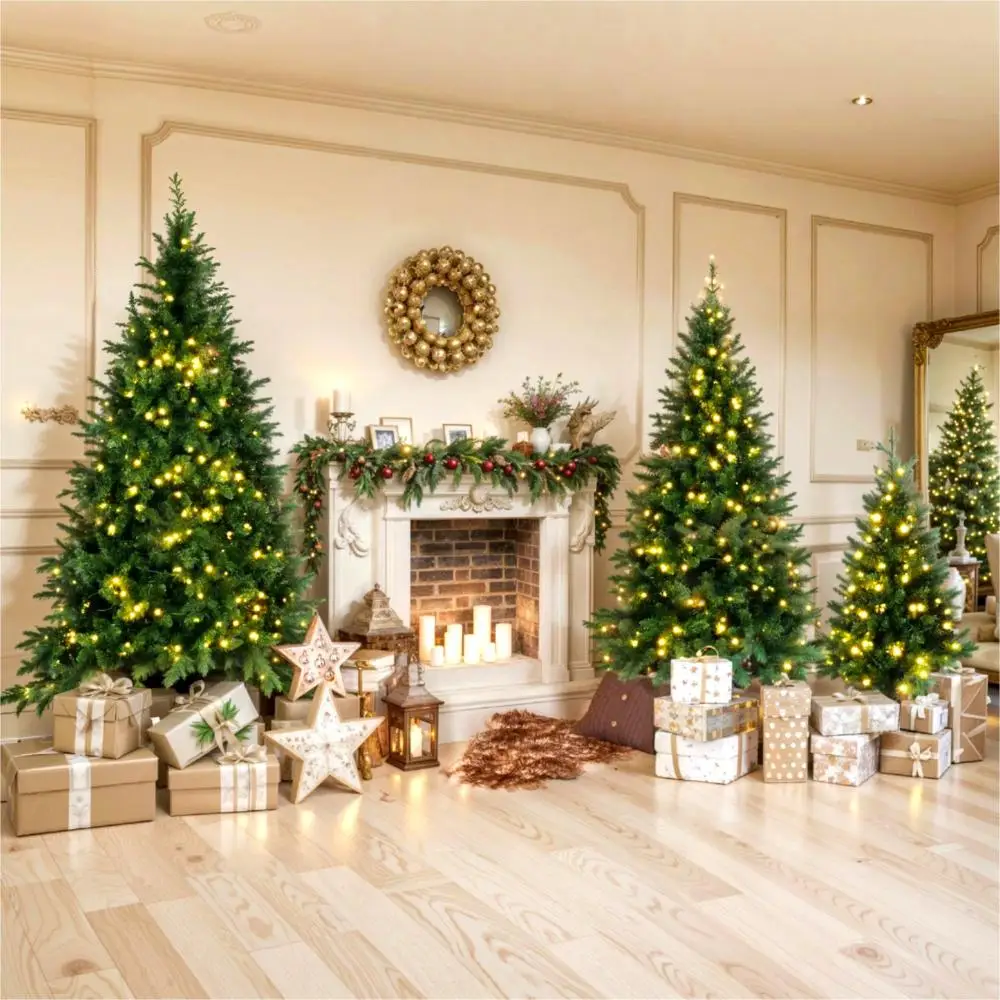 8FT, 6FT, 4FT Pre-Lit Green Pine Trees Set of 3, 820 Warm-Yellow LED Lights, 2539 Tips. Hinged for Easy Setup. Ideal for Home.