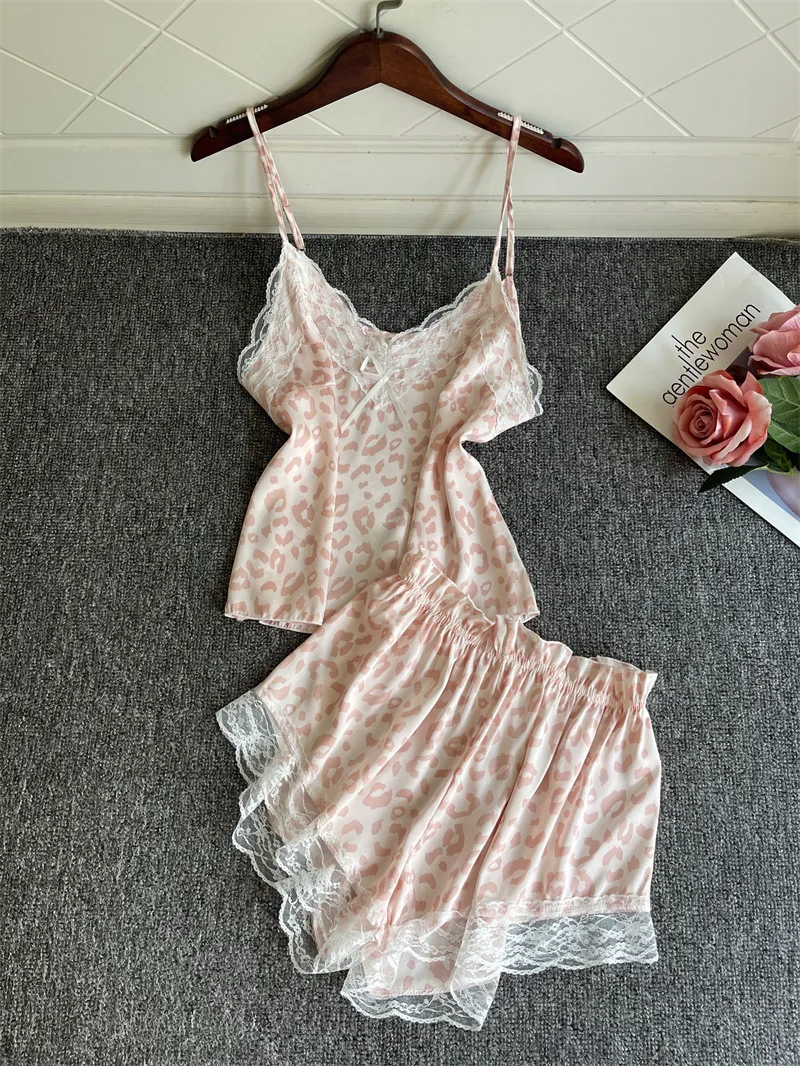 Sexy Leopard Suspender Pajamas Set Summer Women Silk Satin Sleepwear Intimate Lingerie Sweet Lace Trim Elastic Waist Home Wear