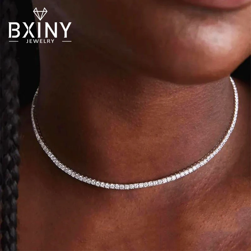 

BXINY 2mm Moissanite Tennis Choker Necklace 925 Sterling Silver for Women Adjustable Neck Chain Fine Jewelry Gifts GRA Certified