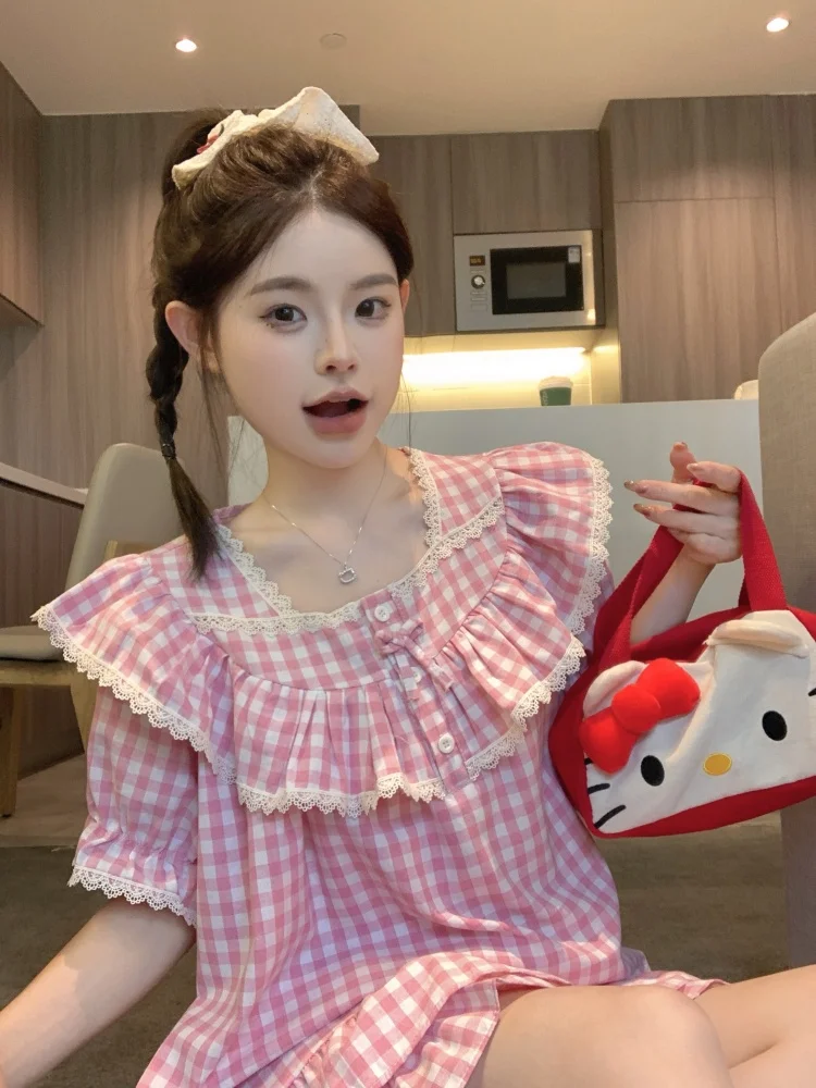 

pink plaid summer pajamas set women ruffles short sleeve cotton homewear sweet korean kawaii sleepwear blouse + shorts casual