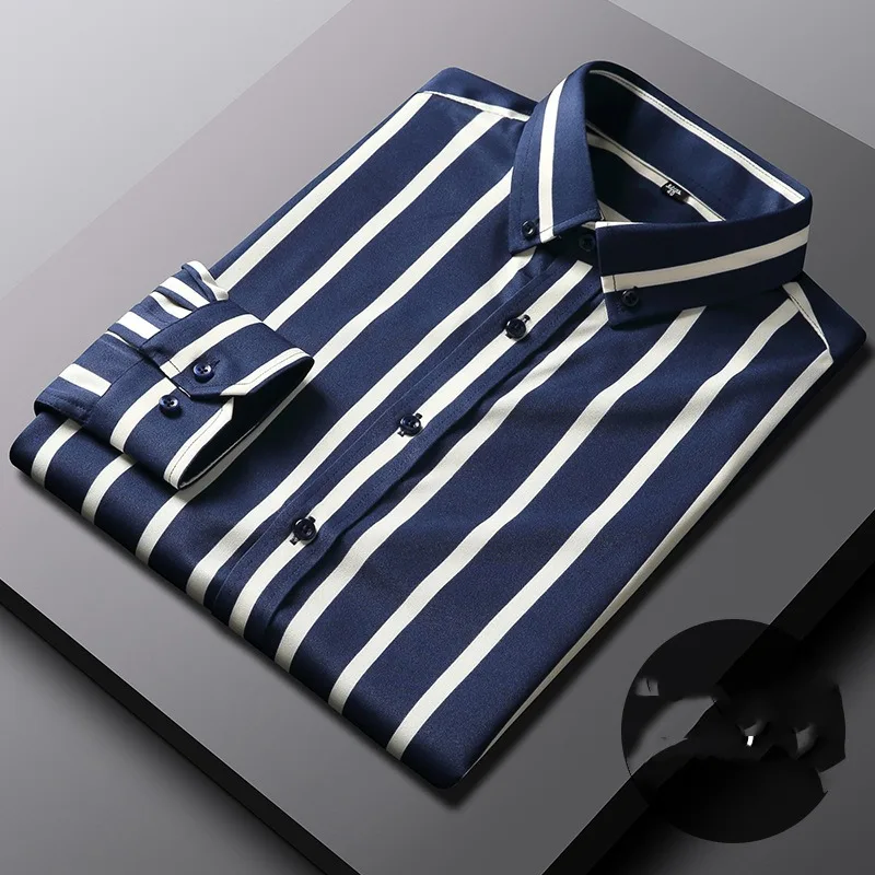 

Spring/autumn Men's Turn-down Collar Button Striped Solid Color Long Sleeved Shirt Cardigan Coat Fashion Casual Formal Tops