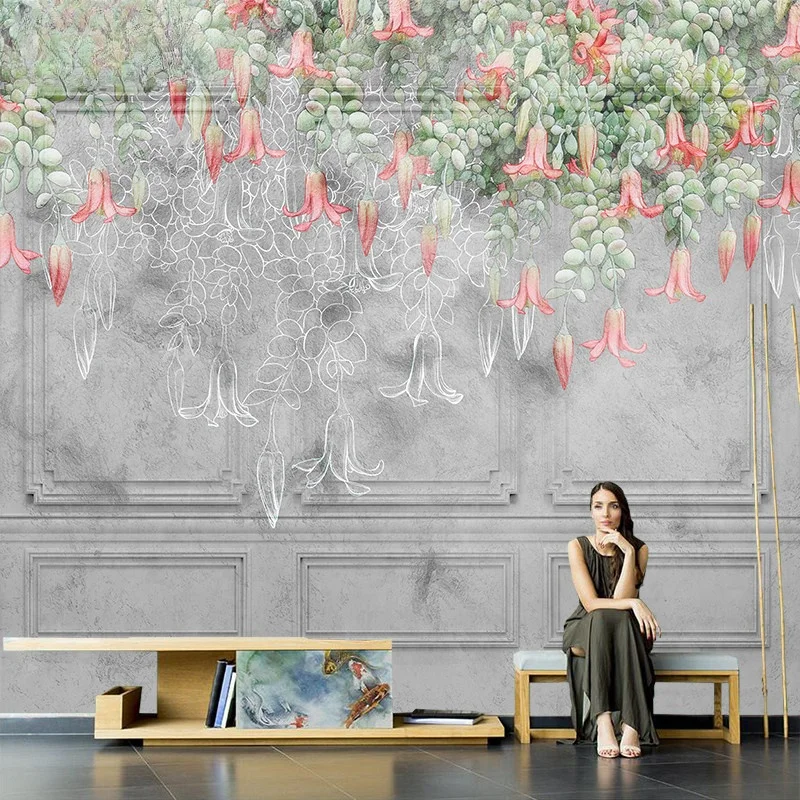 Customize any size wallpaper Nordic hand-painted floral wallpaper gypsum lines sofa TV background wall living room 3d wallpaper