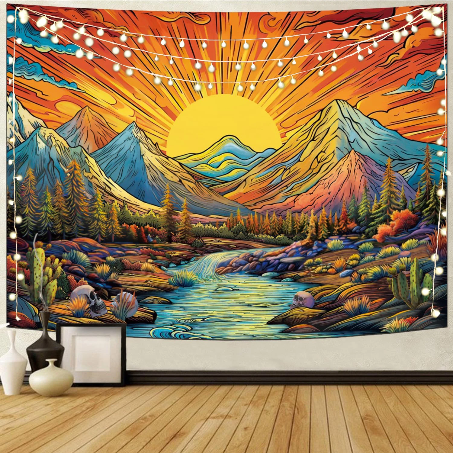 

Sun Mountain Tapestry Trippy Forest Tree Vintage Aesthetic Plant Tapestrie Magic River Wall Hanging Nature Landscape for Bedroom