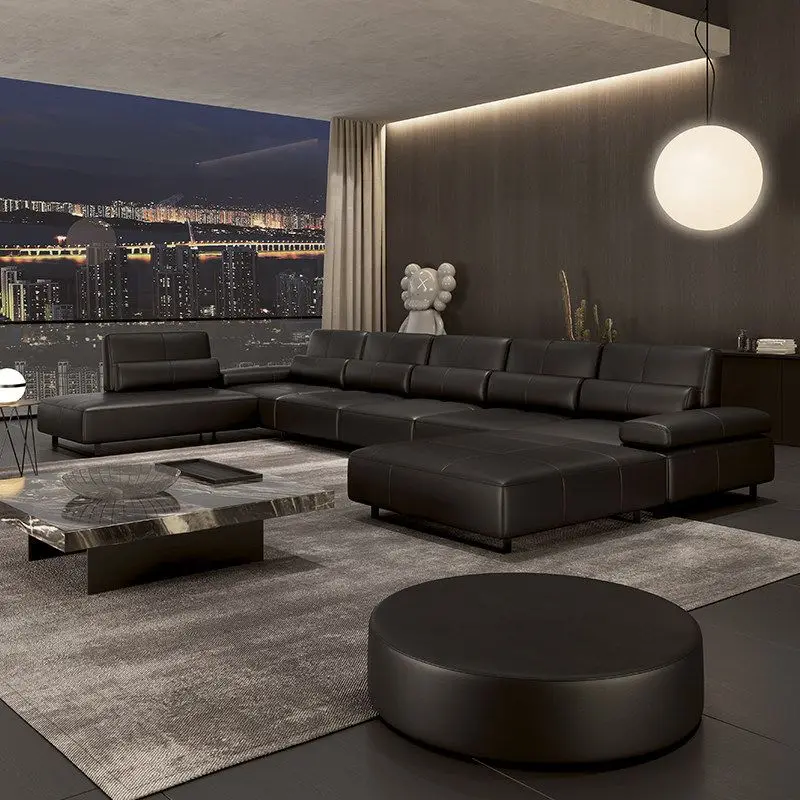 Italian minimalist leather sofa, first layer cowhide, black multi-functional sofa