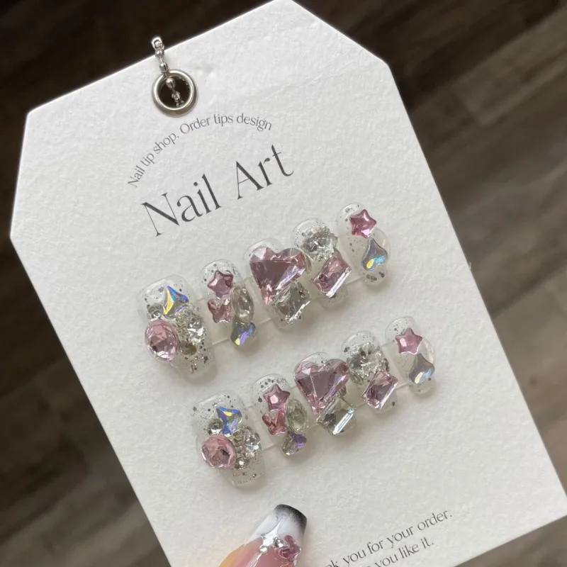 Handmade Diamonds Nails Press Ons with Charms Sweets Hand Made Acrylic Fake Nails To Stick on Artificial Nail with Box and Tools