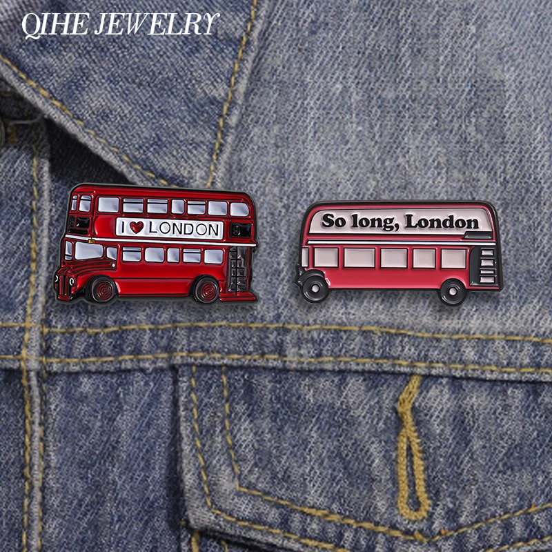 Retro Red Double-layer London Bus Enamel Pins Custom I love London Car Brooches Clothes Lapel Badges Jewelry Gift for Friends