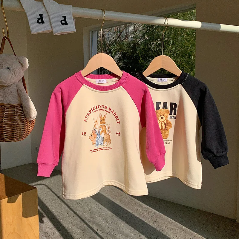 

Girls' mid-length hoodie Spring and Autumn children 2024 new little girl top round neck style cartoon T-shirt