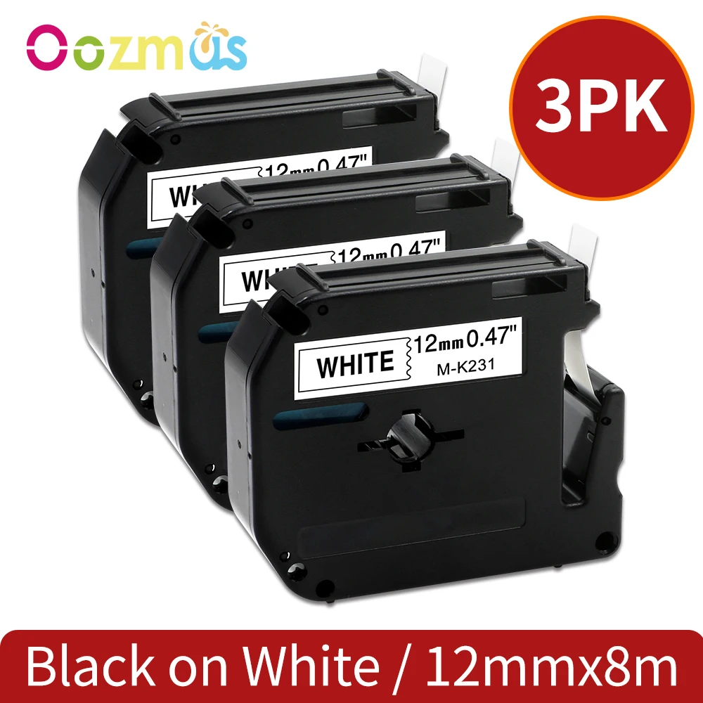 Oozmas 3Pk 9mm*8m M-K221 Label Tapes Compatible for Brother  Ribbon M-K131 MK-231 Labeling Ribbon for PT-80 PT-70 Label Makers