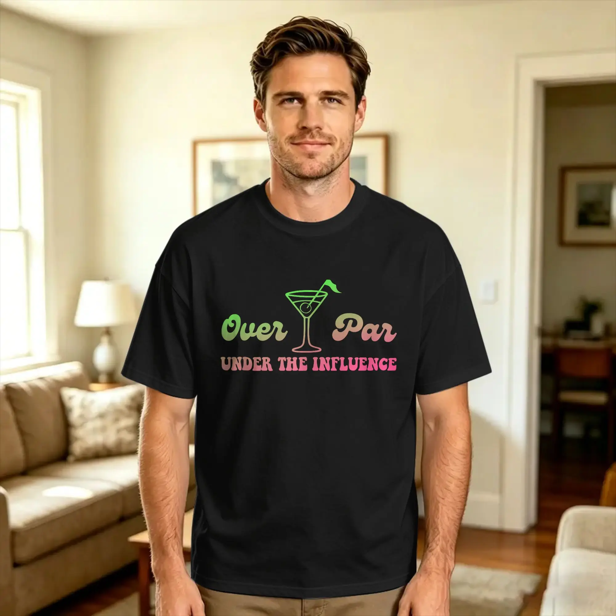 T-shirt drôle « Over Par and Under The Influence » pour le golf et la boisson, en coton, pour homme, motif estival, manches courtes