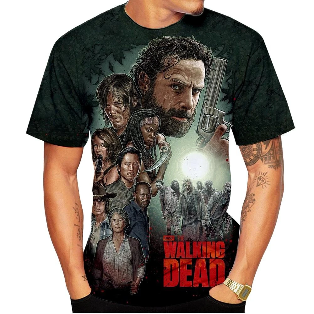 3d Tshirts For Men Vintage Oil T-shirt Street Fashion The Walking Dead Printed Short-sleeved Loose Oversized Motorcycle T-shirt