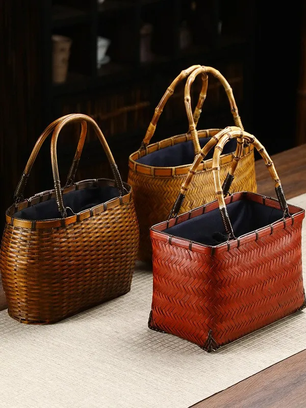 

Винтажная плетеная сумка из бамбука ручной работы, портативная корзина в ретро-китайском стиле, тканевая, без плечевого ремня, с открытым верхом, женская сумочка