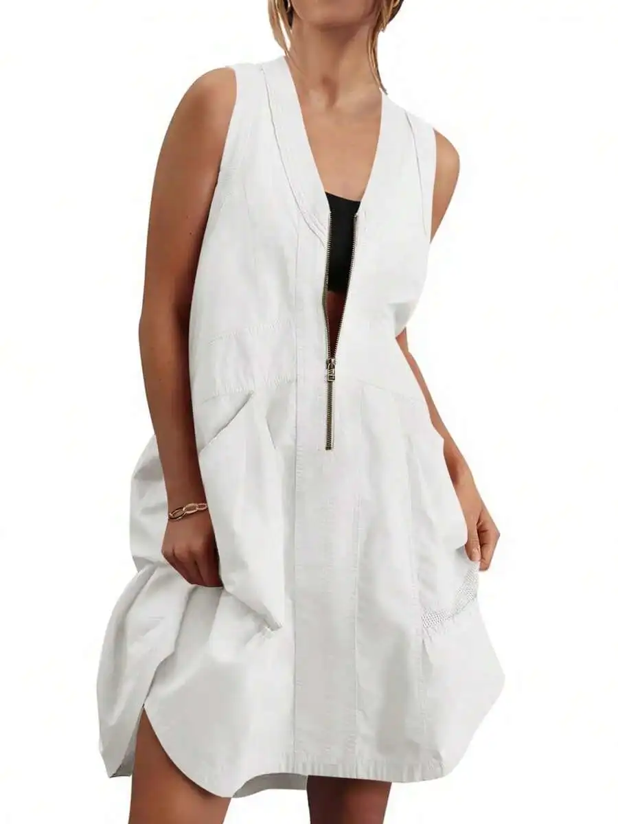 

Women Sleeveless Mini Dress Breathable Half Zip V Neck Mesh Back Casual Utility Dress With Pockets