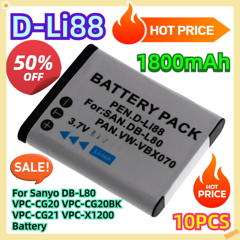 

D-LI88 1800mAh 10pcs For Sanyo DB-L80 VPC-CG20 VPC-CG20BK VPC-CG21 VPC-X1200 Battery