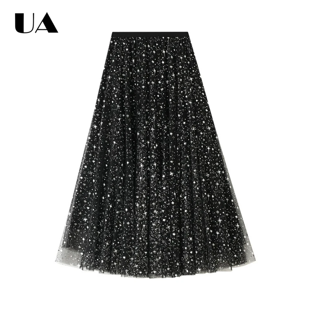 ULBYANRY Starry Sky Skirt Women's Autumn Winter A Line Skirts, Elastic Waist Puffy Skirts Sparkling Mesh Skirts