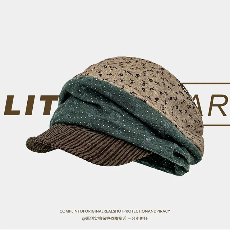 Japanische Blumenmuster Nischen-Polka-Dot-Achteckige Newsboy-Mützen Sommer- und Herbsttrend-Baskenmütze Großer Kopf Weiche Krempe Malermütze – Detail 5